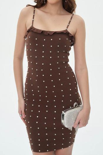 sexy slight stretch solid color sling tight rivet rhinestone mini dress
