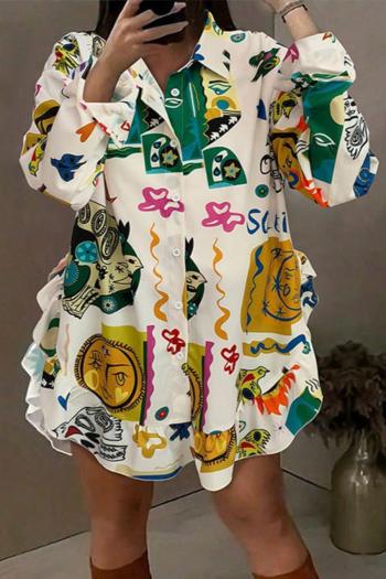 casual non-stretch graphic printing single-breasted long sleeve mini shirtdress