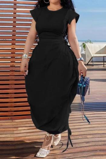 sexy plus size non-stretch solid color hollow drawstring maxi dress