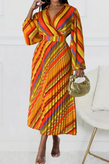 casual plus size slight stretch multicolor stripe printing pleated maxi dress