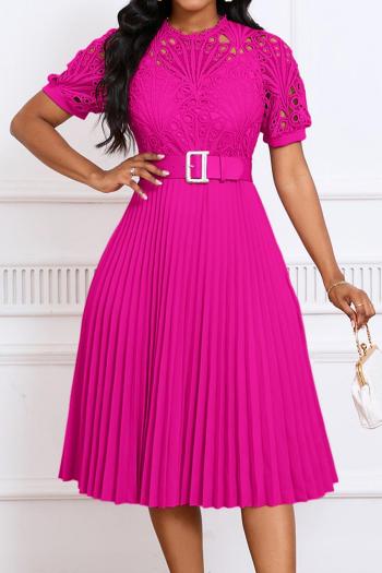casual plus size slight stretch 6 colors stitching lace with belt midi dress