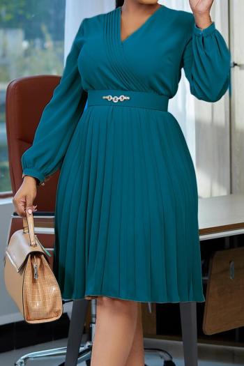 casual plus size slight stretch 4 colors v-neck with belt pleated midi dress