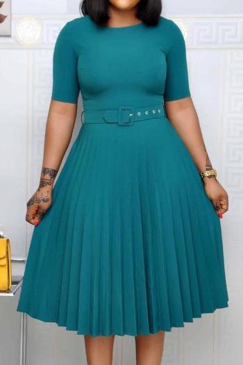 casual plus size non-stretch with belt pleated midi dress