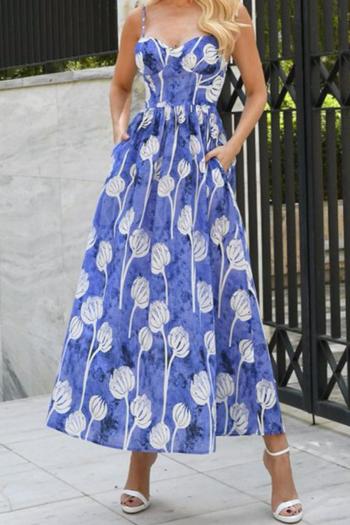 sexy slight stretch flower batch printing sling pocket midi dress