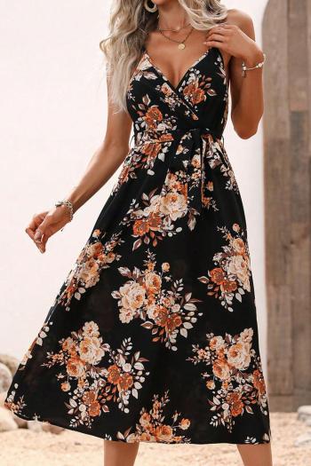 sexy non-stretch flower batch printing v-neck sling midi dress