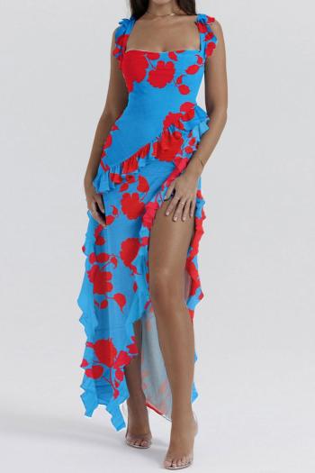 sexy plus size slight stretch ruffle decor flower batch printing maxi dress