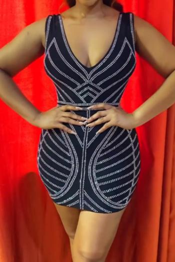sexy plus size slight stretch rhinestone decor v-neck slim mini dress