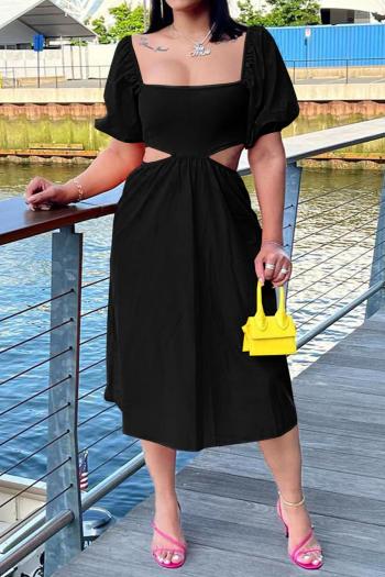 sexy plus-size slight stretch 3-color u-neck balloon sleeve hollow midi dress