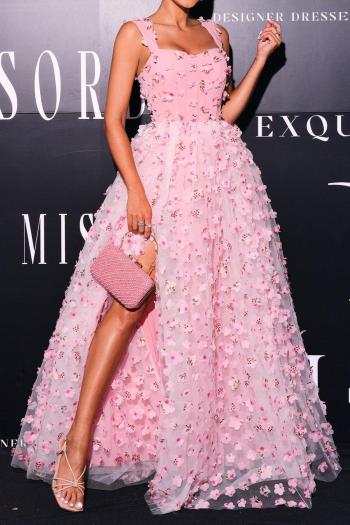 Elegant slight stretch mesh flower appliqued padded with lined maxi dress