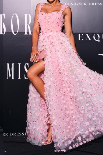 Elegant slight stretch mesh flower appliqued padded with lined maxi dress