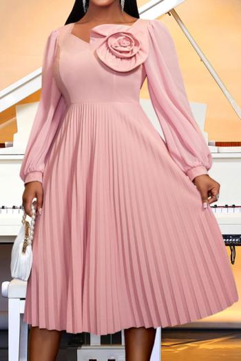 casual plus size slight stretch solid color lantern sleeve pleated midi dress