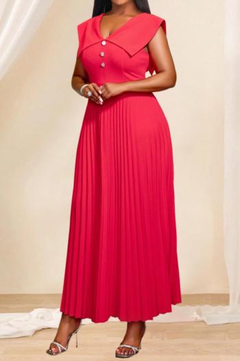 casual plus size slight stretch solid color v-neck sleeveless pleated maxi dress