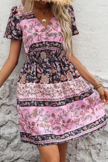 bohemian casual slight stretch v-neck short sleeve floral printing mini dress