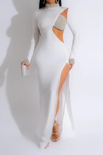 sexy plus size slight stretch rhinestone hollow high slit maxi dress
