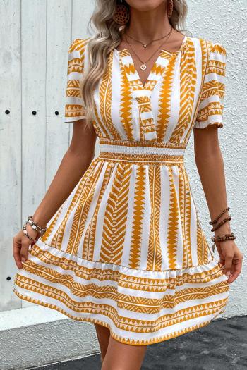 casual slight stretch v-neck short sleeve bohemian batch printing mini dress