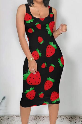 sexy plus size slight stretch slim strawberry print sling midi dress
