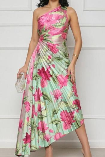 sexy plus size non-stretch batch printing hollow one shoulder pleated maxi dress