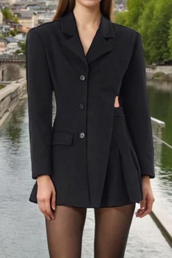 new non-stretch black irregular with liner long sleeve hollow pleated mini dress