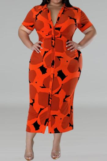 stylish plus size slight stretch batch printing single-breasted midi dress