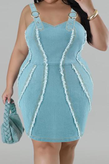 sexy plus size slight stretch denim backless metallic buckle bodycon mini dress