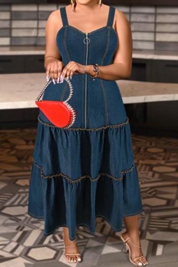 casual plus size slight stretch denim zip-up backless sling midi dress