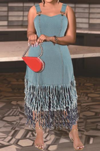 stylish plus size slight stretch denim backless sling tassel midi dress