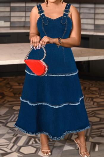 casual plus size slight stretch denim backless adjustable straps midi dress