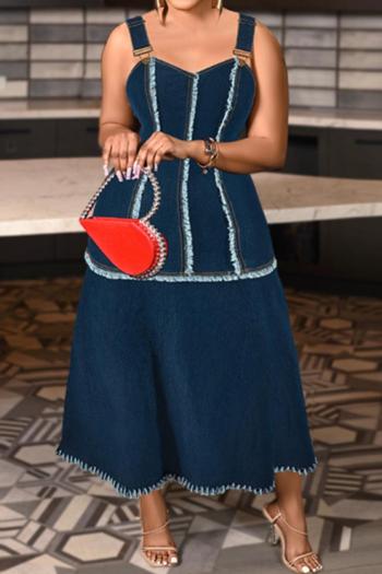stylish plus size slight stretch denim metallic buckle midi dress