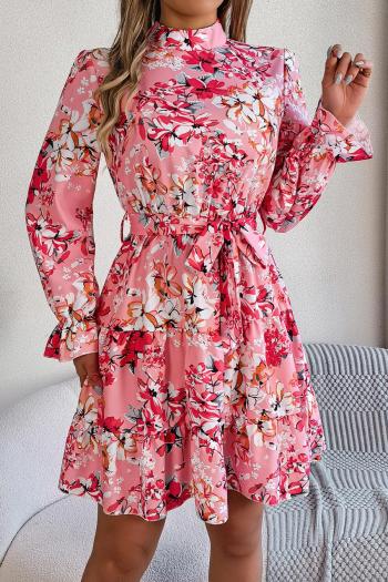 casual non-stretch 3 colors flower printing stand collar with belt mini dress
