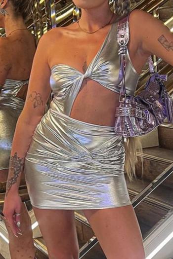 sexy slight stretch holographic one shoulder hollow bodycon mini dress