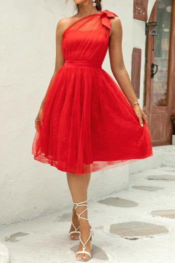elegant non-stretch mesh patchwork one-shoulder bow-decor midi dress