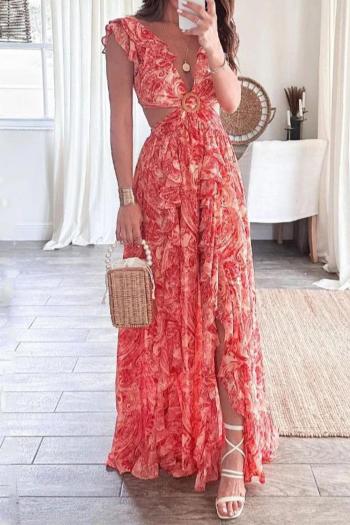 Plus size non-stretch batch printing v-neck lace-up maxi dress new add colors