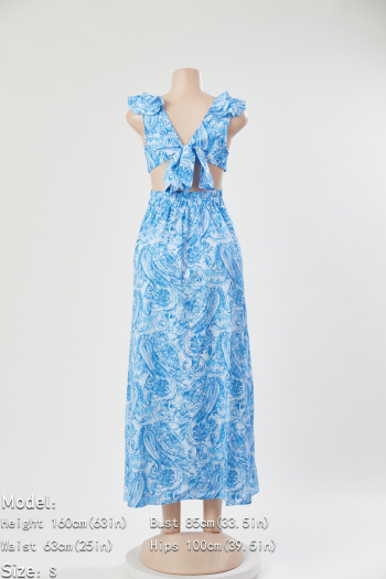 Plus size non-stretch batch printing v-neck lace-up maxi dress new add colors