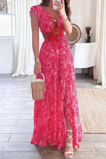 sexy plus size non-stretch batch printing v-neck lace-up maxi dress
