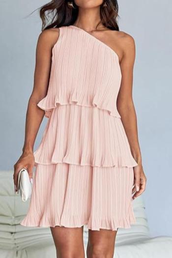 casual non-stretch chiffon solid 9 colors one shoulder pleated mini dress