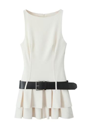 sexy non-stretch solid color crew neck with belt mini dress