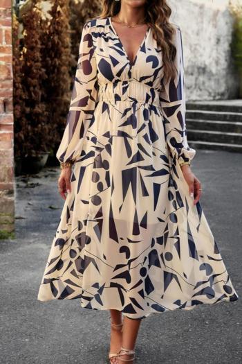 bohemian slight stretch allover graphic printing v-neck with lined midi dress