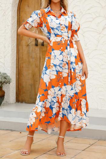 casual vacation non-stretch floral printing with belt maxi shirtdress