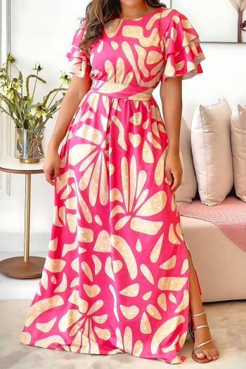 casual non-stretch batch prtinting split side with belt maxi dress