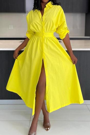 new personality slight stretch solid color lapel long sleeve midi dresses