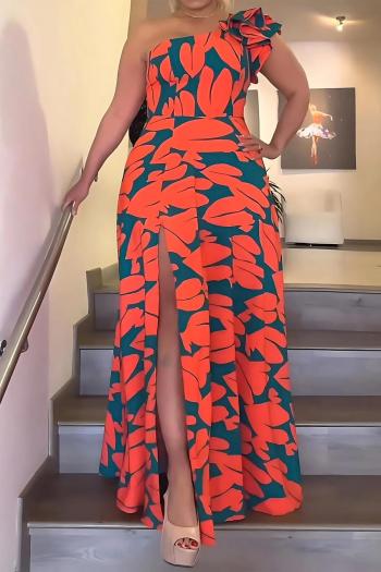 bohemian sexy plus size non-stretch allover batch printing one shoulder maxi dress