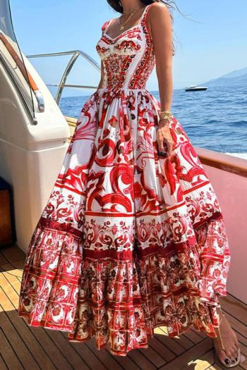 new plus-size slight stretch geometric batch printing suspender maxi dress