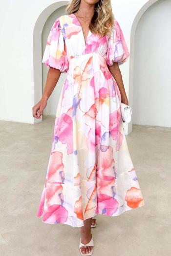 sexy non-stretch contrast color batch printing v-neck midi dress
