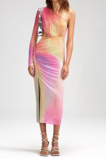 sexy non-stretch high quality gradient rhinestone hollow high slit midi dress
