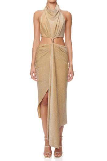 sexy non-stretch solid high quality backless halter neck irregular maxi dress