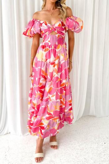 sexy non-stretch flower batch printing puff sleeve midi dress