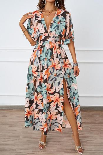sexy non-stretch flower batch printing deep v high slit maxi dress