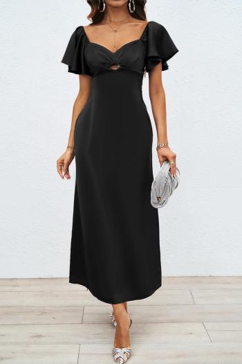 casual non-stretch simple solid color hollow backless short-sleeved midi dress