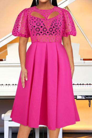 sexy plus size solid color stitching lace crew neck hollow midi dress