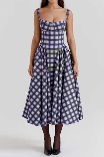 casual non-stretch plaid print sling with pockets midi dress